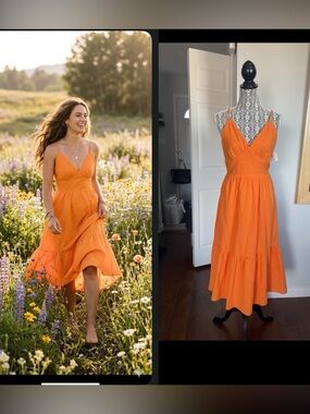 NWT Large Boho 100% Cotton Toe Back Midi Summer Tiered Dress. Orange.